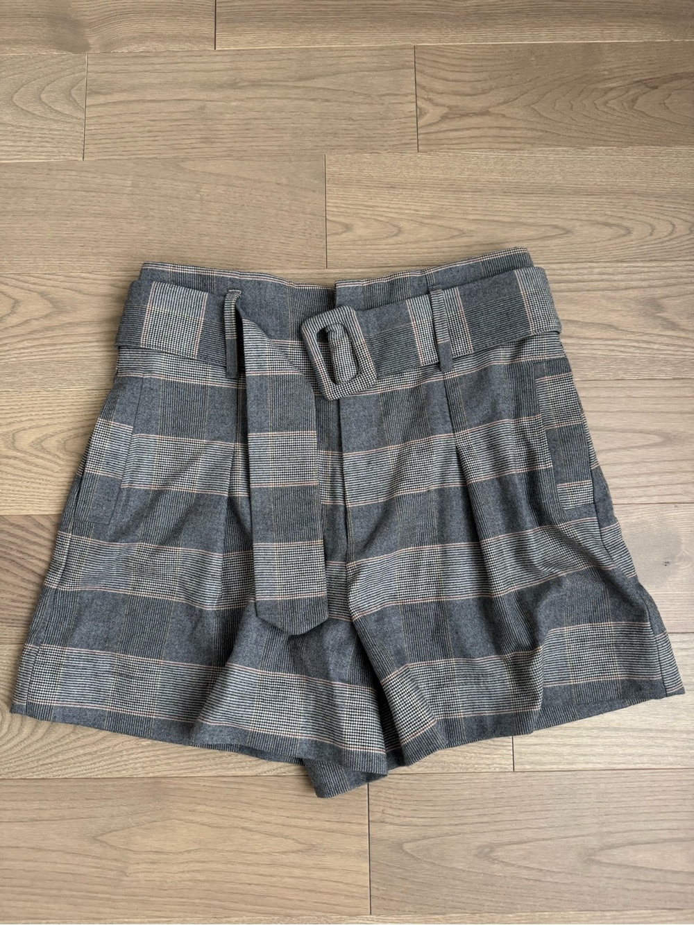 Zara Gray Striped High-Waist Belted Shorts